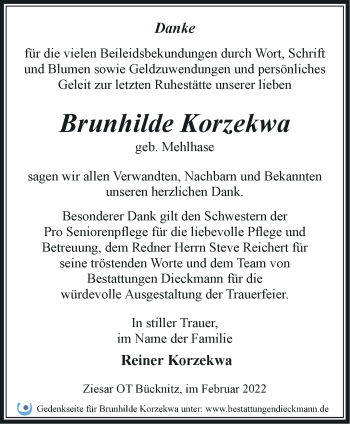 Traueranzeige von Brunhilde Korzekwa von Märkische Oderzeitung