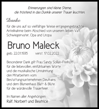 Traueranzeige von Bruno Maleck von Märkische Oderzeitung