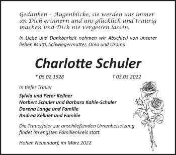 Traueranzeige von Charlotte Schuler von Märkische Oderzeitung