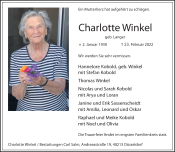 Traueranzeige von Charlotte Winkel von Märkische Oderzeitung
