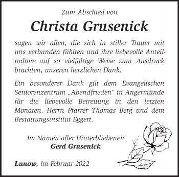 Traueranzeige von Christa Grusenick von Märkische Oderzeitung