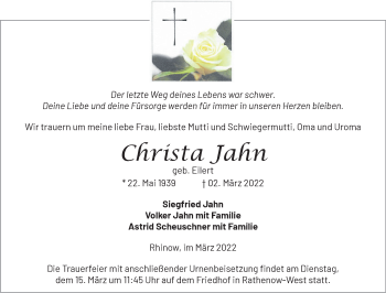 Traueranzeige von Christa Jahn von Märkische Oderzeitung
