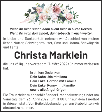 Traueranzeige von Christa Marklein von Märkische Oderzeitung