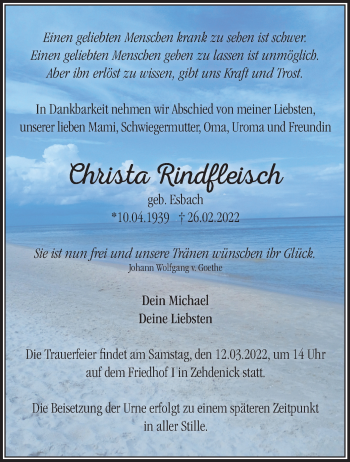 Traueranzeige von Christa Rindfleisch von Märkische Oderzeitung