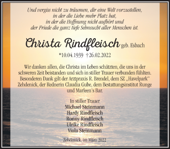 Traueranzeige von Christa Rindfleisch von Märkische Oderzeitung