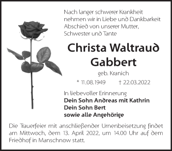 Traueranzeige von Christa Waltraud Gabbert von Märkische Oderzeitung