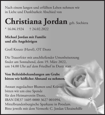 Traueranzeige von Christiana Jordan von Märkische Oderzeitung