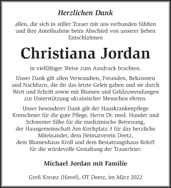 Traueranzeige von Christiana Jordan von Märkische Oderzeitung