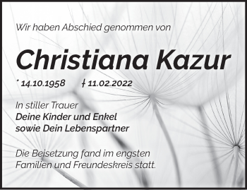 Traueranzeige von Christiana Kazur von Märkische Oderzeitung