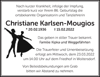 Traueranzeige von Christiane Karlsen-Mougios von Märkische Oderzeitung