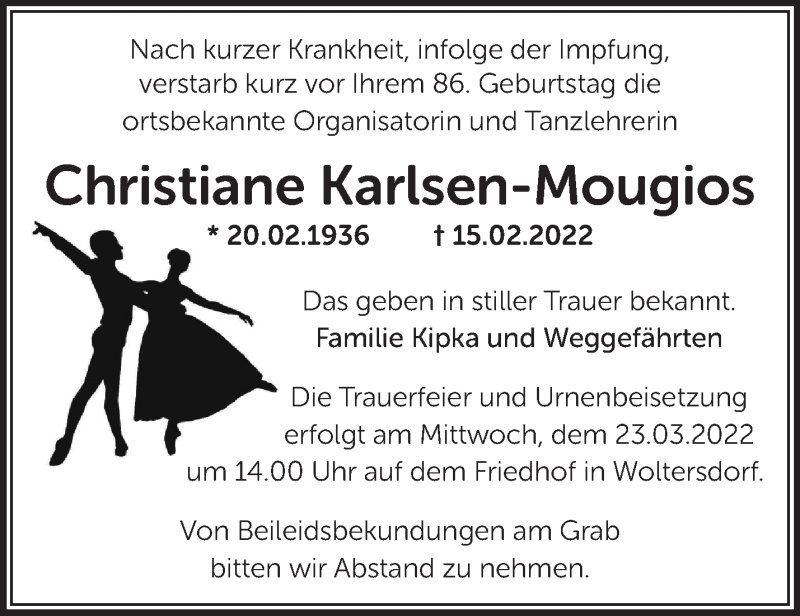  Traueranzeige für Christiane Karlsen-Mougios vom 06.03.2022 aus Märkische Oderzeitung