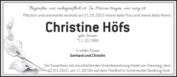 Traueranzeige von Christine Höfs von Märkische Oderzeitung