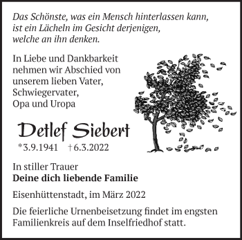 Traueranzeige von Detlef Siebert von Märkische Oderzeitung