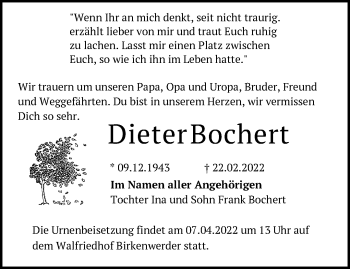 Traueranzeige von Dieter Bochert von Märkische Oderzeitung