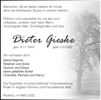 Traueranzeige von Dieter Gieske von Märkische Oderzeitung