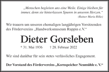 Traueranzeige von Dieter Gorsleben von Märkische Oderzeitung
