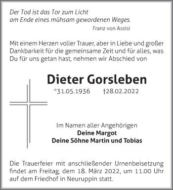 Traueranzeige von Dieter Gorsleben von Märkische Oderzeitung