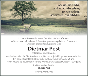 Traueranzeige von Dietmar Pest von Märkische Oderzeitung