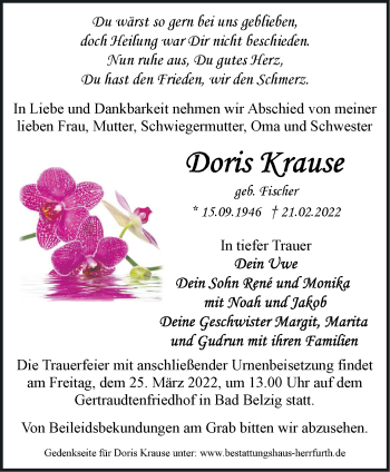 Traueranzeige von Doris Krause von Märkische Oderzeitung