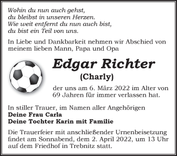 Traueranzeige von Edgar Richter von Märkische Oderzeitung