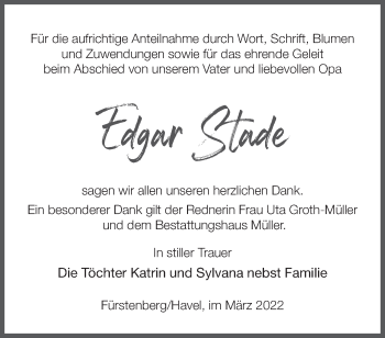 Traueranzeige von Edgar Stade von Märkische Oderzeitung