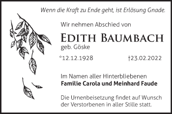 Traueranzeige von Edith Baumbach von Märkische Oderzeitung