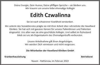 Traueranzeige von Edith Czwalinna von Märkische Oderzeitung