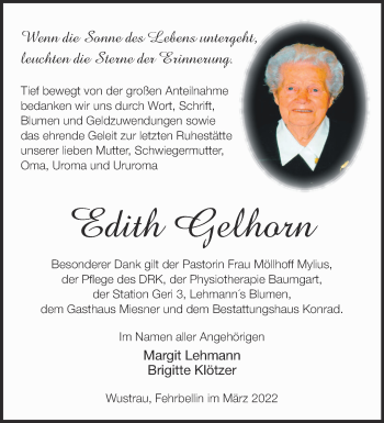 Traueranzeige von Edith Gelhorn von Märkische Oderzeitung