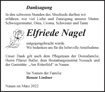 Traueranzeige von Elfriede Nagel von Märkische Oderzeitung