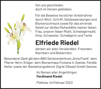 Traueranzeige von Elfriede Riedel von Märkische Oderzeitung