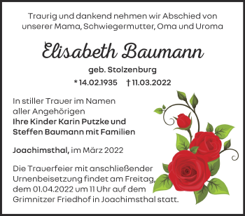 Traueranzeige von Elisabeth Baumann von Märkische Oderzeitung