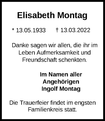 Traueranzeige von Elisabeth Montag von Märkische Oderzeitung