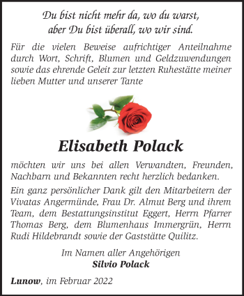 Traueranzeige von Elisabeth Polack von Märkische Oderzeitung