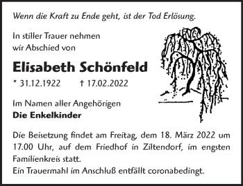 Traueranzeige von Elisabeth Schönfeld von Märkische Oderzeitung