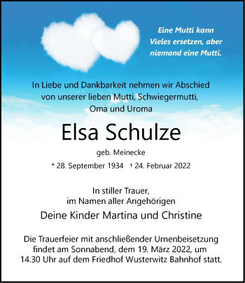 Traueranzeige von Elsa Schulze von Märkische Oderzeitung