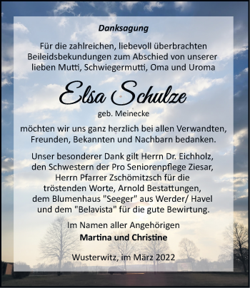 Traueranzeige von Elsa Schulze von Märkische Oderzeitung