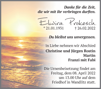 Traueranzeige von Elwira Prokesch von Märkische Oderzeitung