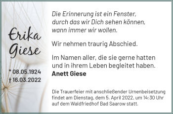 Traueranzeige von Erika Giese von Märkische Oderzeitung