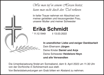 Traueranzeige von Erika Schmidt von Märkische Oderzeitung