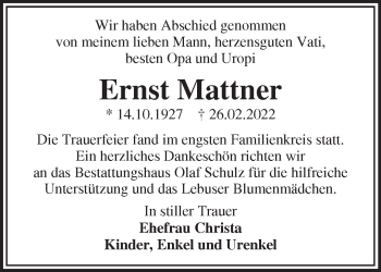 Traueranzeige von Ernst Mattner von Märkische Oderzeitung