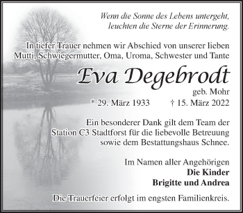 Traueranzeige von Eva Degebrodt von Märkische Oderzeitung