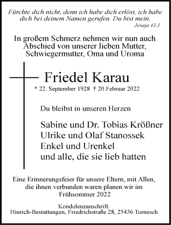 Traueranzeige von Friedel Karau von Märkische Oderzeitung