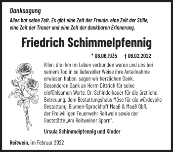 Traueranzeige von Friedrich Schimmelpfennig von Märkische Oderzeitung