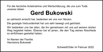 Traueranzeige von Gerd Bukowski von Märkische Oderzeitung