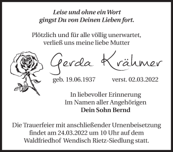 Traueranzeige von Gerda Krähmer von Märkische Oderzeitung