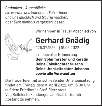 Traueranzeige von Gerhard Gnädig von Märkische Oderzeitung