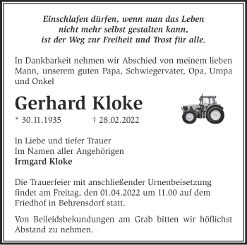 Traueranzeige von Gerhard Kloke von Märkische Oderzeitung