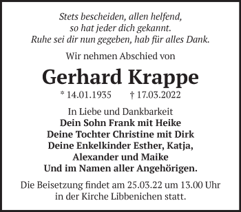 Traueranzeige von Gerhard Krappe von Märkische Oderzeitung