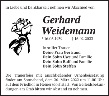 Traueranzeige von Gerhard Weidemann von Märkische Oderzeitung