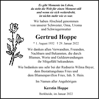 Traueranzeige von Gertrud Hoppe von Märkische Oderzeitung